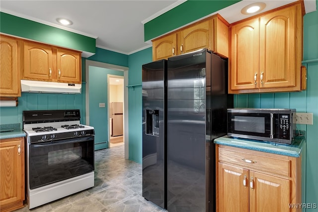 218 Hall Rd, Lancaster, NY 14059 - kitchen with gas range, stainless steel microwave, black refrigerator with ice dispenser, under cabinet range hood, and ornamental molding
