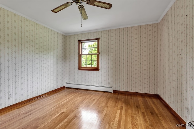 218 Hall Rd, Lancaster, NY 14059 - spare room featuring a baseboard heating unit, light wood finished floors, ornamental molding, and ceiling fan