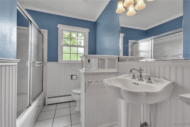 218 Hall Rd, Lancaster, NY 14059 - full bath with baseboard heating, a wainscoted wall, tile patterned floors, bath / shower combo with glass door, and crown molding