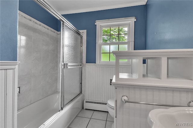 218 Hall Rd, Lancaster, NY 14059 - bathroom with baseboard heating, tile patterned floors, shower / bath combination with glass door, a wainscoted wall, and crown molding