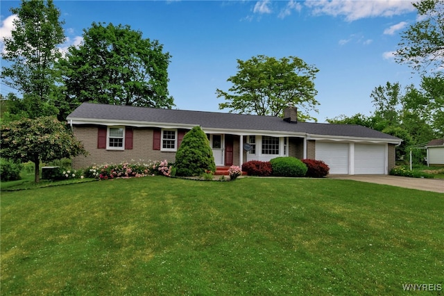218 Hall Rd, Lancaster, NY 14059 - ranch-style home with a garage, brick siding, a front lawn, a chimney, and driveway