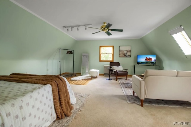 11131 Harlow Rd, Darien, NY 14004 - bedroom featuring rail lighting, carpet, ceiling fan, and lofted ceiling