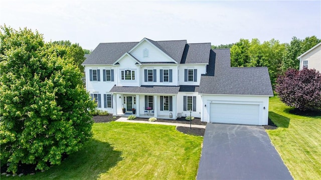 16 Hepburn Ln, Pittsford, NY 14534 - view of front of home with driveway, a garage, a porch, a front yard, and roof with shingles