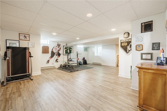 16 Hepburn Ln, Pittsford, NY 14534 - workout room with light wood-type flooring, a paneled ceiling, recessed lighting, and baseboard heating