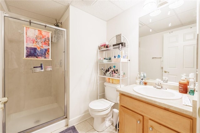 16 Hepburn Ln, Pittsford, NY 14534 - bathroom featuring tile patterned flooring, a stall shower, vanity, and a drop ceiling