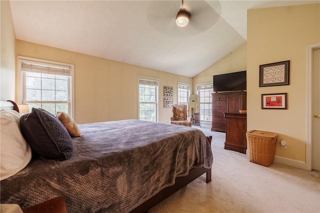 16 Hepburn Ln, Pittsford, NY 14534 - bedroom with light colored carpet, lofted ceiling, and a ceiling fan