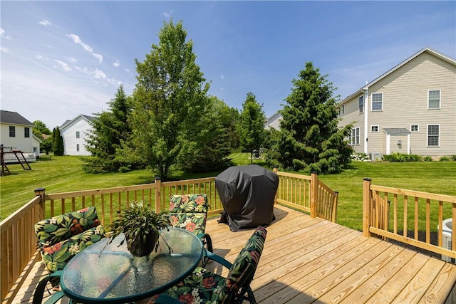 16 Hepburn Ln, Pittsford, NY 14534 - wooden terrace with grilling area, a yard, and outdoor dining area