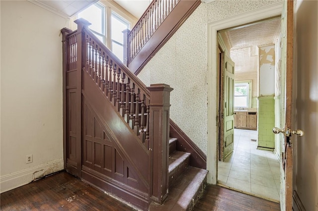 48 Rosedale St, Rochester, NY 14620 - stairs featuring wallpapered walls, hardwood / wood-style flooring, and crown molding