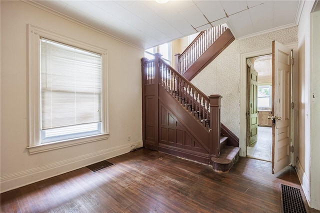48 Rosedale St, Rochester, NY 14620 - stairs with ornamental molding, wood finished floors, and wallpapered walls