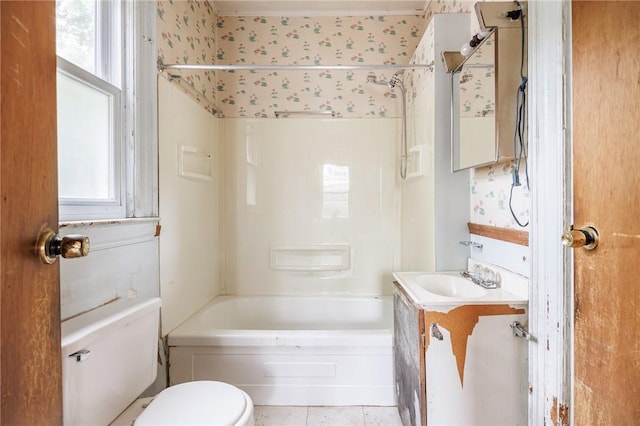 48 Rosedale St, Rochester, NY 14620 - full bath featuring vanity, washtub / shower combination, wallpapered walls, and tile patterned flooring