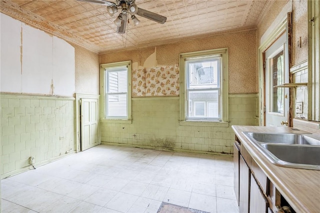 48 Rosedale St, Rochester, NY 14620 - kitchen featuring plenty of natural light, ornamental molding, a wainscoted wall, a ceiling fan, and white cabinets