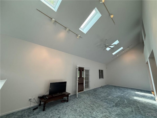 5326 Bunker Hill Way, Onondaga, NY 13207 - additional living space featuring a skylight, carpet, high vaulted ceiling, and ceiling fan