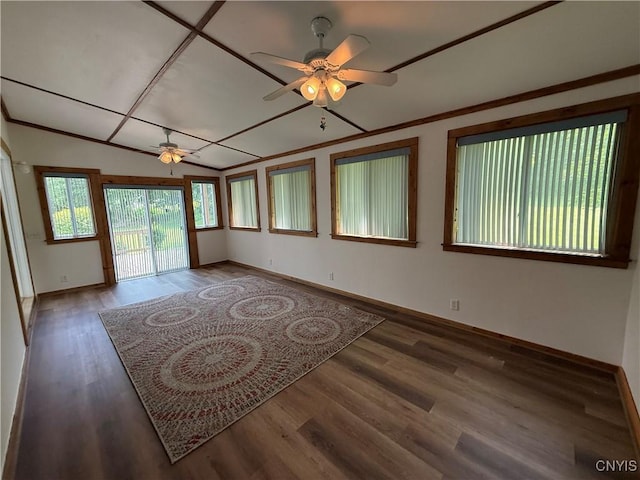 5326 Bunker Hill Way, Onondaga, NY 13207 - empty room featuring a ceiling fan, wood finished floors, lofted ceiling, and ornamental molding