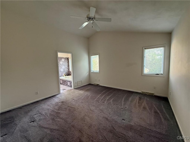 5326 Bunker Hill Way, Onondaga, NY 13207 - empty room featuring dark carpet, lofted ceiling, and ceiling fan
