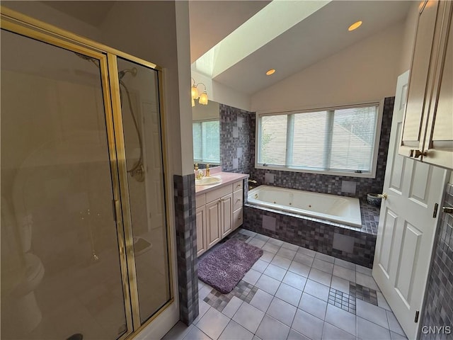 5326 Bunker Hill Way, Onondaga, NY 13207 - full bath with vaulted ceiling, vanity, a tub with jets, a shower stall, and tile patterned floors