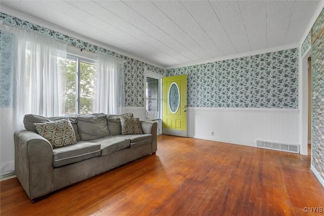 107 Edgeware Rd, Salina, NY 13208 - living room with wood-type flooring, wainscoting, crown molding, and wallpapered walls