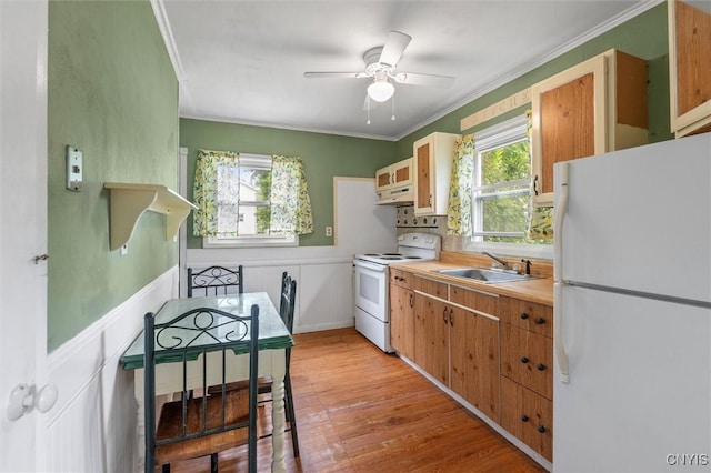 107 Edgeware Rd, Salina, NY 13208 - kitchen with white appliances, ornamental molding, ventilation hood, a wainscoted wall, and ceiling fan