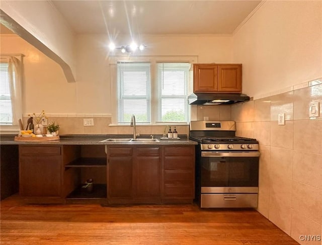 2132 Sinclair Ave, Whitestown, NY 13502 - kitchen with stainless steel gas range oven, under cabinet range hood, dark countertops, healthy amount of natural light, and ornamental molding