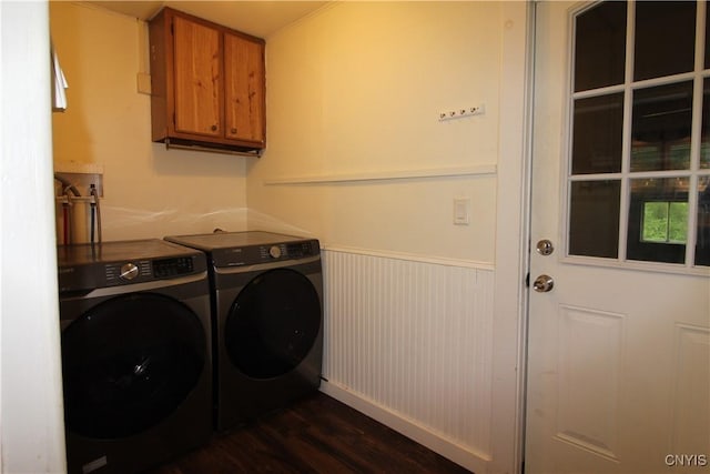 1500 Kimber Rd, Dewitt, NY 13078 - laundry area with cabinet space, washer and clothes dryer, dark wood finished floors, and wainscoting