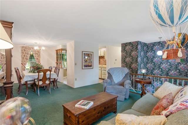 8273 Larkspur Dr, Clay, NY 13027 - living area featuring carpet flooring, a chandelier, and wallpapered walls