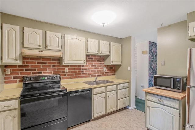 8273 Larkspur Dr, Clay, NY 13027 - kitchen featuring black appliances, under cabinet range hood, backsplash, and wooden counters