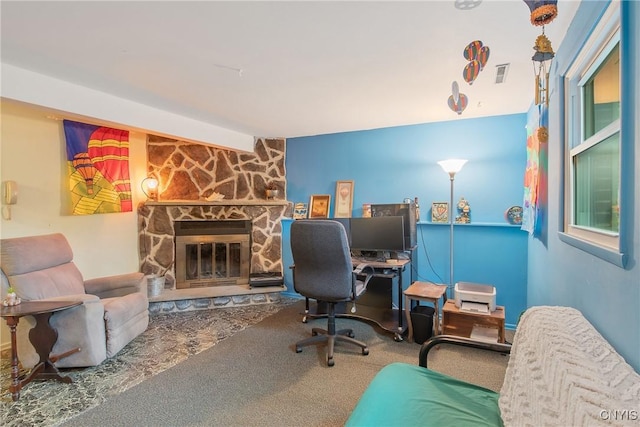 8273 Larkspur Dr, Clay, NY 13027 - carpeted home office with a fireplace
