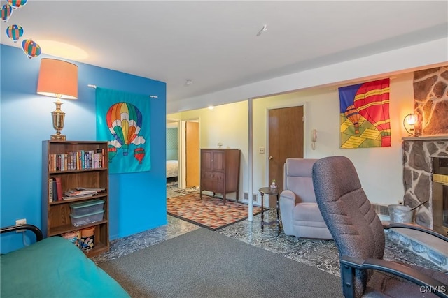 8273 Larkspur Dr, Clay, NY 13027 - living room with a stone fireplace
