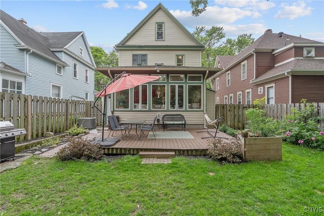 135 Strong Ave, Syracuse, NY 13210 - back of house featuring a deck, a fenced backyard, and a sunroom