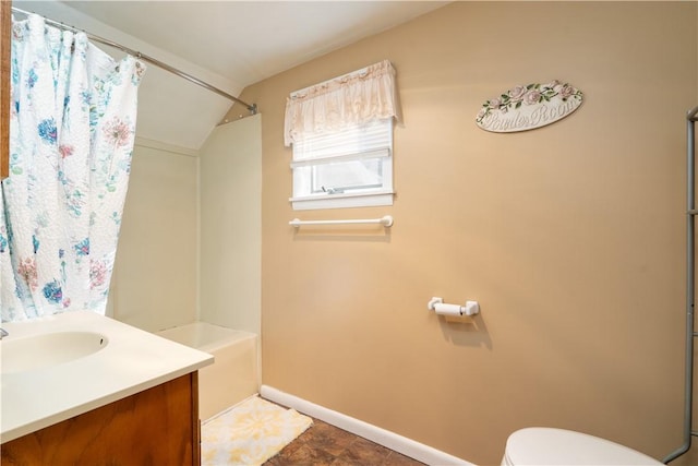 5968 E Lake Rd, Conesus, NY 14435 - full bath featuring vanity, lofted ceiling, and shower / tub combo with curtain