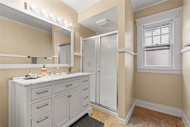 606 Tompkins St, Syracuse, NY 13204 - bathroom with vanity, a shower stall, and crown molding