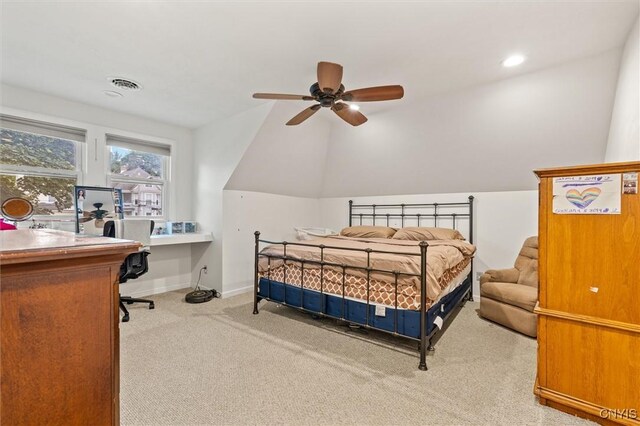 606 Tompkins St, Syracuse, NY 13204 - bedroom with carpet, an office area, vaulted ceiling, recessed lighting, and ceiling fan