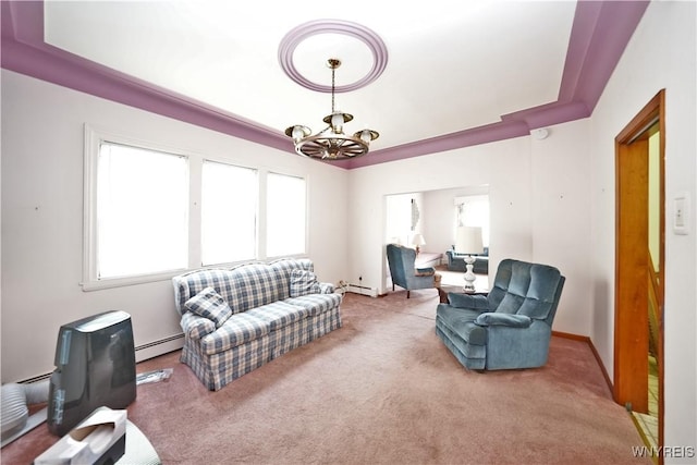 236 Weimar St, Buffalo, NY 14206 - living room featuring a baseboard heating unit, a chandelier, and carpet