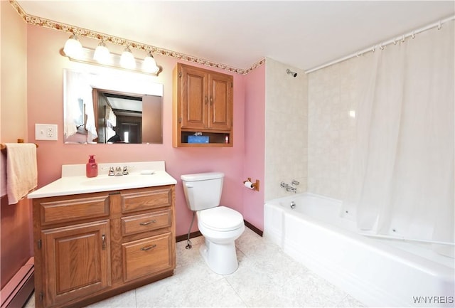 236 Weimar St, Buffalo, NY 14206 - bathroom featuring vanity, shower / tub combo with curtain, tile patterned flooring, and baseboard heating