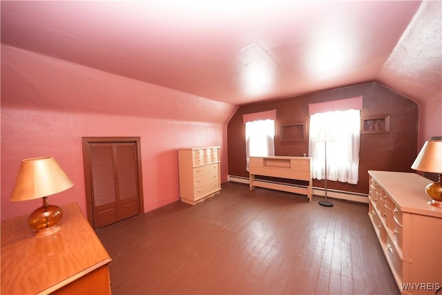236 Weimar St, Buffalo, NY 14206 - additional living space featuring vaulted ceiling, dark wood finished floors, and baseboard heating