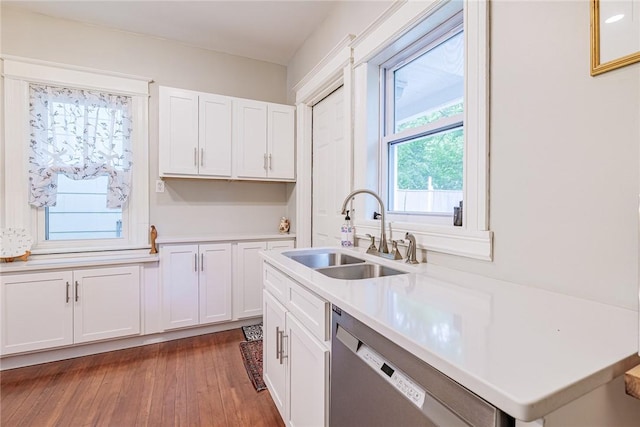 70 Field St, Rochester, NY 14620 - kitchen featuring dishwasher, white cabinetry, light countertops, and dark wood finished floors