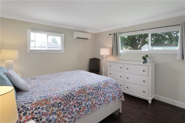 133 Berkley Ln, Horseheads, NY 14845 - bedroom with a wall mounted air conditioner, dark wood-type flooring, multiple windows, and ornamental molding