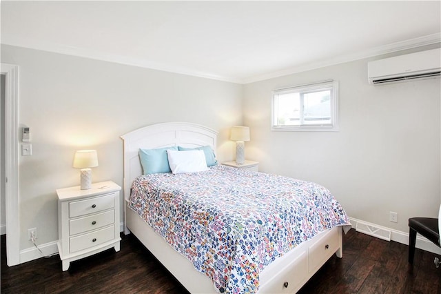 133 Berkley Ln, Horseheads, NY 14845 - bedroom featuring a wall mounted air conditioner, dark wood-style floors, and ornamental molding