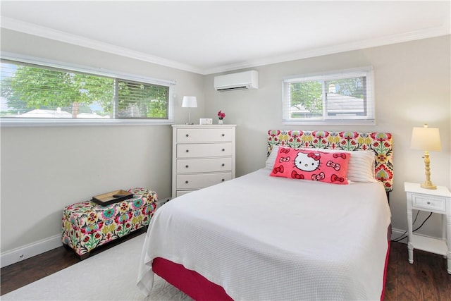 133 Berkley Ln, Horseheads, NY 14845 - bedroom with an AC wall unit, multiple windows, wood finished floors, and ornamental molding
