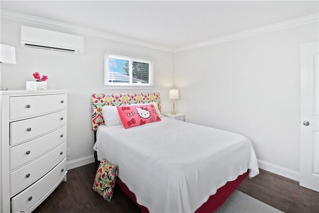 133 Berkley Ln, Horseheads, NY 14845 - bedroom with a wall mounted AC, dark wood-type flooring, and ornamental molding
