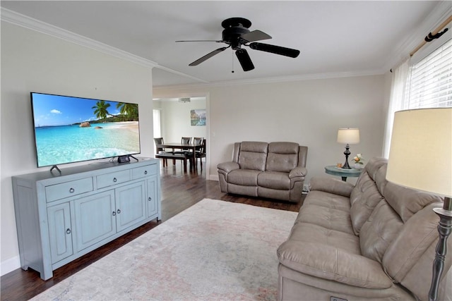 133 Berkley Ln, Horseheads, NY 14845 - living area featuring dark wood finished floors, crown molding, and ceiling fan