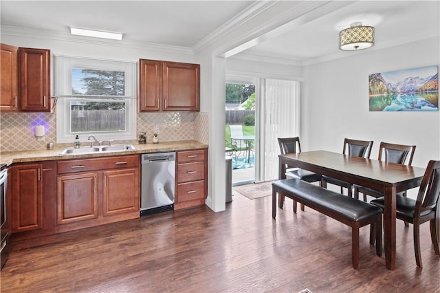 133 Berkley Ln, Horseheads, NY 14845 - kitchen featuring dishwasher, dark wood-style floors, tasteful backsplash, crown molding, and range