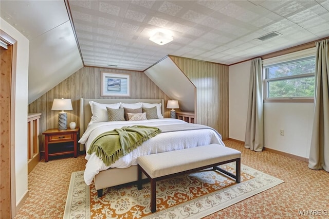 464 Rowley Rd, Cheektowaga, NY 14043 - bedroom with carpet flooring, lofted ceiling, and wood walls