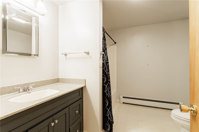 7175 Gale Rd, Lima, NY 14485 - bathroom with baseboard heating, vanity, tile patterned floors, and shower / bath combo with shower curtain