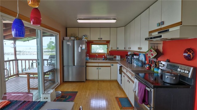 1995 Lake Rd, Ledyard, NY 13026 - kitchen featuring appliances with stainless steel finishes, under cabinet range hood, light wood-type flooring, white cabinets, and light countertops