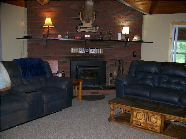 236 Covered Bridge Rd, Davenport, NY 13820 - living room featuring carpet floors, vaulted ceiling, and a brick fireplace