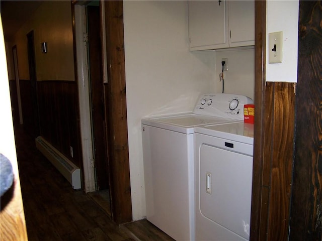 236 Covered Bridge Rd, Davenport, NY 13820 - laundry area featuring washer and clothes dryer, cabinet space, dark wood finished floors, and baseboard heating