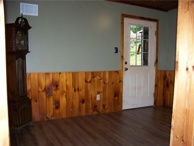 236 Covered Bridge Rd, Davenport, NY 13820 - doorway to outside featuring wood walls, wood finished floors, and a wainscoted wall