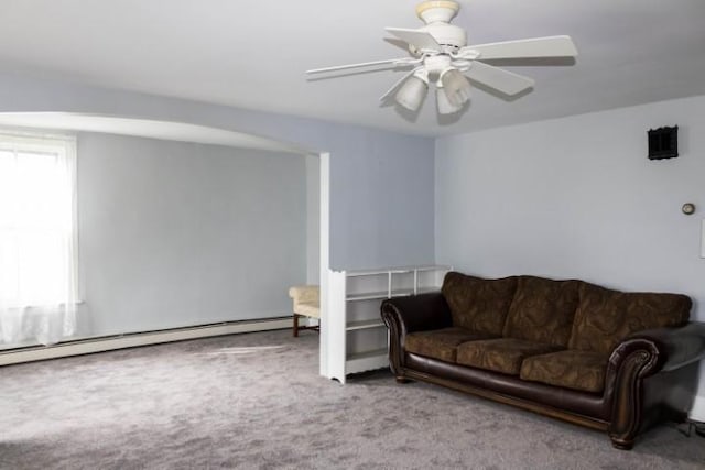 109 S Madison Ave, Dix, NY 14891 - living area with carpet flooring, a ceiling fan, and a baseboard radiator