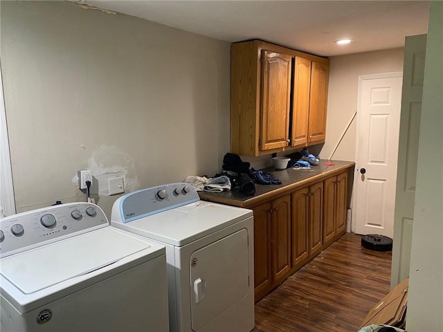 25 N Academy St, Middlebury, NY 14591 - laundry area featuring dark wood-style flooring, washer and dryer, cabinet space, and recessed lighting