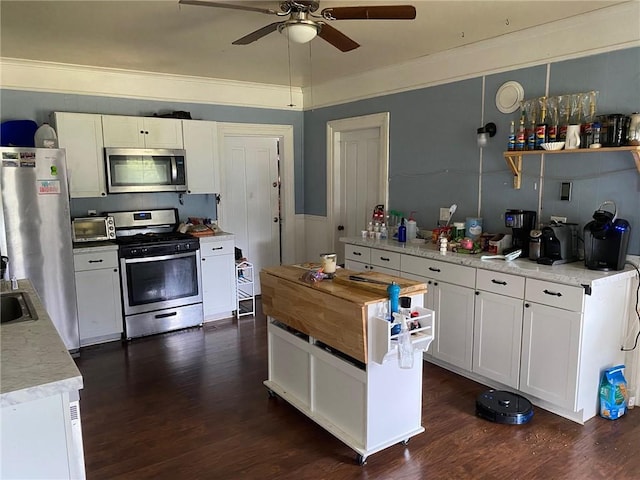25 N Academy St, Middlebury, NY 14591 - kitchen featuring stainless steel appliances, a ceiling fan, dark wood-style flooring, white cabinets, and crown molding